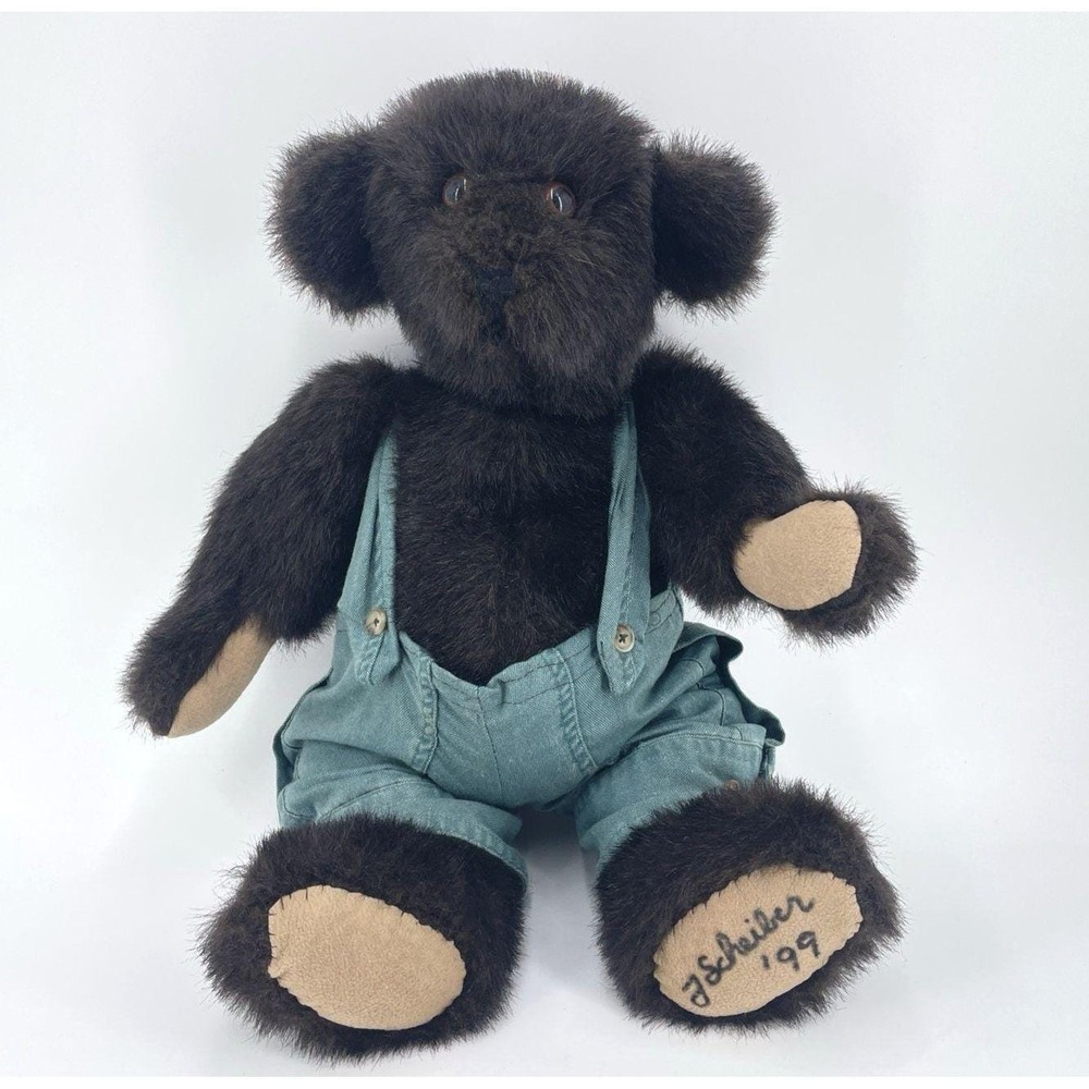 Hand Crafted Jointed Mohair Stuffed Boy Bear Overalls Signed Scheiber 1999